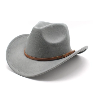 Classic dark grey wool felt cowboy hat with brown leather band and metallic buckle detail