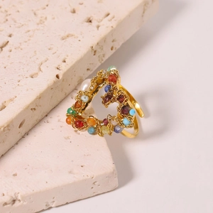 Adjustable gold stainless steel ring with colorful heart beads and freshwater pearl