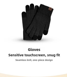 Detailed view of black knitted touch screen gloves with a brown snowflake leather tag