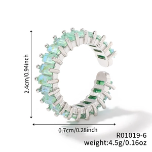 Detailed size chart showing silver open ring with green stones dimensions 2.4cm and 4.5g weight