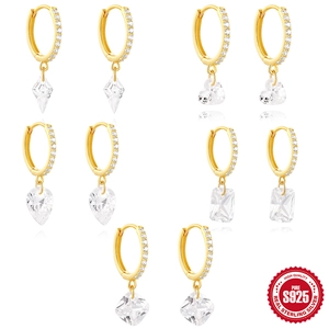 Classic S925 sterling silver hoop earrings with sparkling zircon dangles in golden finish