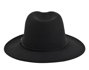 Detailed view of black wool felt fedora hat featuring a minimalist slim leather band strap