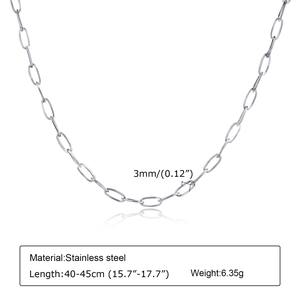 Close-up of a 3mm silver stainless steel paperclip chain necklace with size dimensions