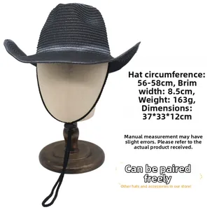 Detail view of black woven cowboy straw hat showing 56-58cm circumference and 8.5cm brim