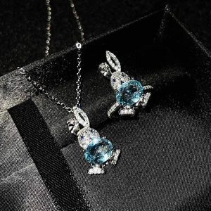 Cute bunny jewelry set with sky blue oval gems and sparkling pavé stones for women