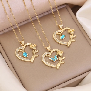 Fashion Heart Rose Pendant Necklace Copper Stainless Steel Zircon Inlaid Butterfly Hamsa Hand Jewelry Elegant Women Clavicle Chain