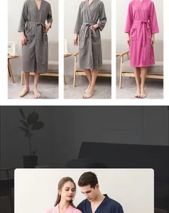 Detailed view of the waffle weave fabric texture on the V-neck bathrobe sleeves