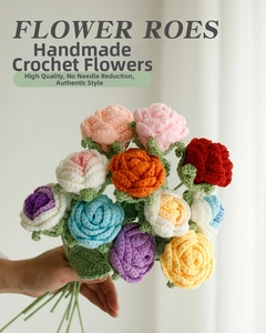 Close-up of handmade crochet sunflower and multicolor yarn flower bouquet details