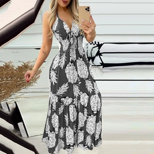 Detailed view of black and white pineapple print V-neck maxi dress with tie front