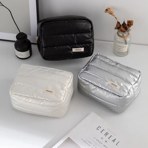 Puffy Quilted Makeup Bag Nylon Large Capacity Travel Toiletry Organizer Portable Zipper Cosmetic Pouch For Women