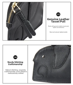 Detail of leather elephant coin purse showing lychee grain texture and tassel zipper