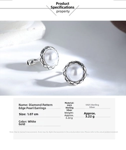 Macro view of S925 sterling silver pearl stud earrings with diamond pattern texture