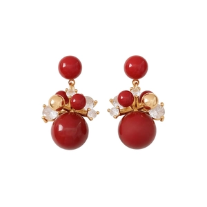 18K gold plated silver pin round cluster drop earrings with red beads for women