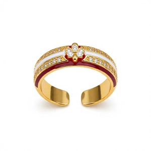 18k gold plated open ring with red and white enamel stripes and drop shaped crystals