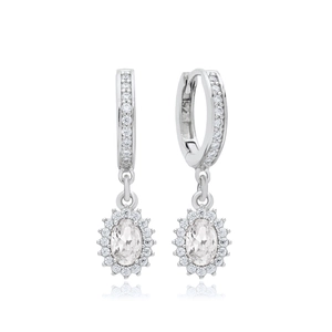 Elegant S925 sterling silver halo hoop earrings with oval cubic zirconia crystal pendants