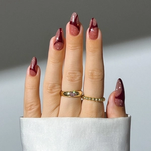 Press On Nails Pink Brown Abstract Pattern Almond Shape Fine Glitter ABS Plastic Fashion For Women