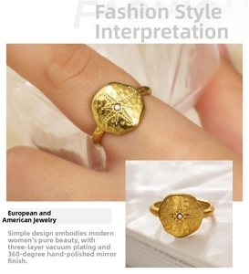 Detail of 18k gold plated stainless steel ring with starburst pattern and zircon inlay