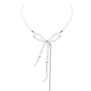 Elegant double-layered pearl bow chain necklace with tassels and star charm for women