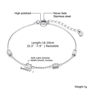 Close-up of titanium necklace featuring rectangular AAA cubic zirconia and size details