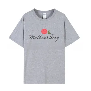 Detail shot of Mother's Day Brunch floral print on grey cotton short sleeve T-shirt