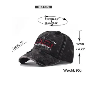 Detailed size guide for washed grey baseball cap with New York embroidery and distressed fabric