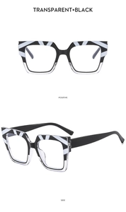 Detail of square glasses frame showing transparent black striped design from two angles