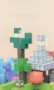 Detail of pixel style magnetic blocks showing grass and stone textures with dinosaur figures