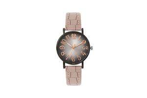 Detail of grey gradient dial with rose gold numerals and pink crocodile leather strap
