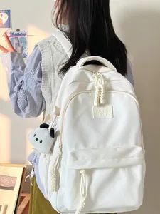 Minimalist white nylon student backpack with a cute panda plush charm in high capacity