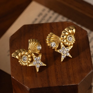 Elegant gold titanium steel starfish and seashell stud earrings with white zircons