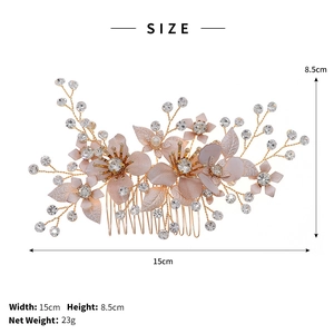 Size specifications of pink floral bridal hair comb with dimensions 15cm width and 8.5cm height
