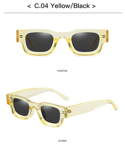 Detail view of square frame punk sunglasses in translucent yellow finish with dark lenses
