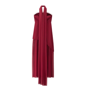 Detail of the mesh layering and halter neckline on this elegant burgundy evening dress