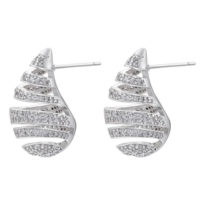 Macro detail of spiral drop earrings with micro-set white cubic zirconia stones
