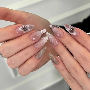 3D Almond Press On Nails French Pink Gradient Floral Relief Artificial Pearl Rhinestone Silver Glitter Elegant Long Artificial Nails