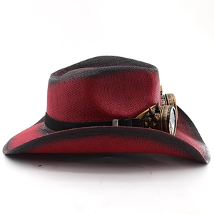 Steampunk western cowboy hat detail featuring bronze gears, spikes, and red-black weave
