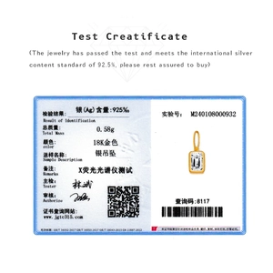 Official certificate for S925 sterling silver square pendant with 18K gold plating