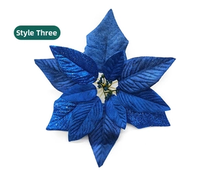 Détail de fleur de Noël artificielle bleu foncé avec paillettes pour décoration