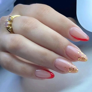 Almond Press On Nails Red French Tips Gold Foil Elegant Glossy False Nails For Women