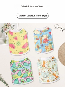 Detail of four breathable mesh dog vests with summer fruit and sea animal prints