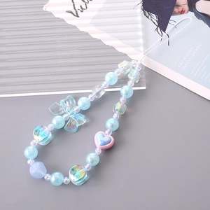 Charming iridescent acrylic phone charm with blue bow beads and pink heart detail