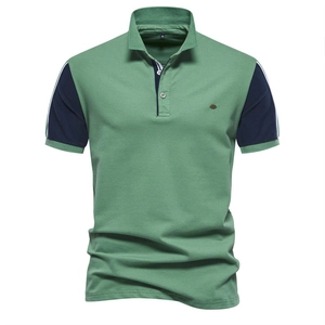 Men's green mesh cotton polo shirt with navy blue contrast collar and short sleeves