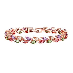 Rose gold leaf bracelet with multicolor marquise-cut cubic zirconia in a circular display