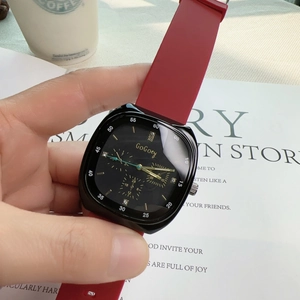 GoGoey women's square quartz watch with black dial, red silicone strap, and diamond accents