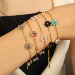 Handmade colorful crystal flower bracelet with gold chain for women in various colors