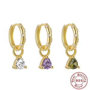 925 Sterling Silver Hoop Earrings With Heart Triangle Cubic Zirconia Pendant Gold Plated Elegant Jewelry For Women