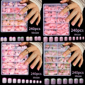 Unghie finte corte quadrate nere e rosa stile francese, set da 240 pezzi in 10 misure