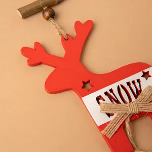 Christmas reindeer wooden hanging ornament with SNOW engraving and festive bell decoration
