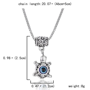 Detailed size specifications for silver turtle pendant necklace with blue evil eye