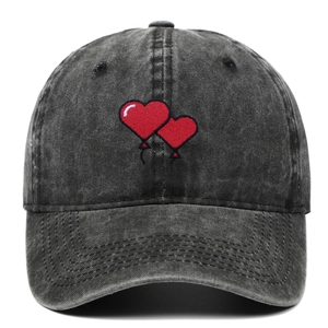 Vintage washed cotton baseball cap in charcoal grey with red heart embroidery detail